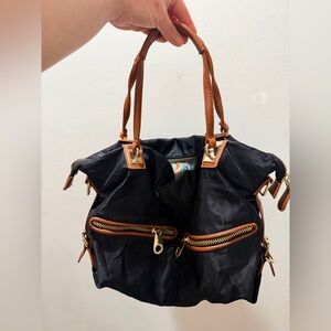 Big Buddha Black and Brown Nylon Tote Bag with Gold Hardware